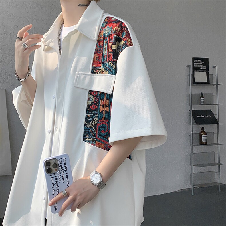 8XL-M民族风拼接短袖衬衫男夏季痞帅半袖衬衣薄款外套DC28009P45，男装衬衫，电商B312