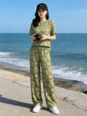 韩版时尚潮流套装女夏季新款个性简约圆领印花上衣阔腿长裤两件套，女装套装/套裙，江南