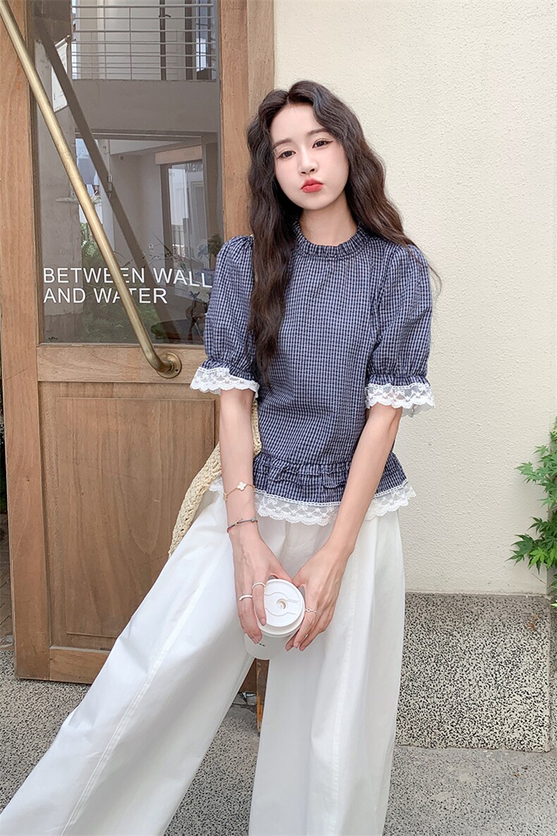 蕾丝拼接格子衬衫阔腿裤套装女夏2025新款超火绝美松驰感ootd爆款,女装套装/套裙,1C150
