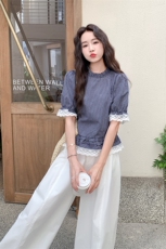 蕾丝拼接格子衬衫阔腿裤套装女夏2025新款超火绝美松驰感ootd爆款，女装套装/套裙，1C150