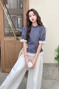 蕾丝拼接格子衬衫阔腿裤套装女夏2025新款超火绝美松驰感ootd爆款图片