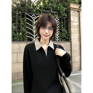 网图 千鸟格拼接polo领洛卡抗皱内搭长袖t恤男老钱风打底衫 特P28图片