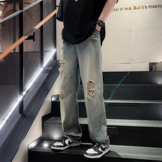 港风潮牌百搭直筒裤夏季韩版高街水洗复古破洞牛仔裤男K3745-P38，男装牛仔裤，星座512-3