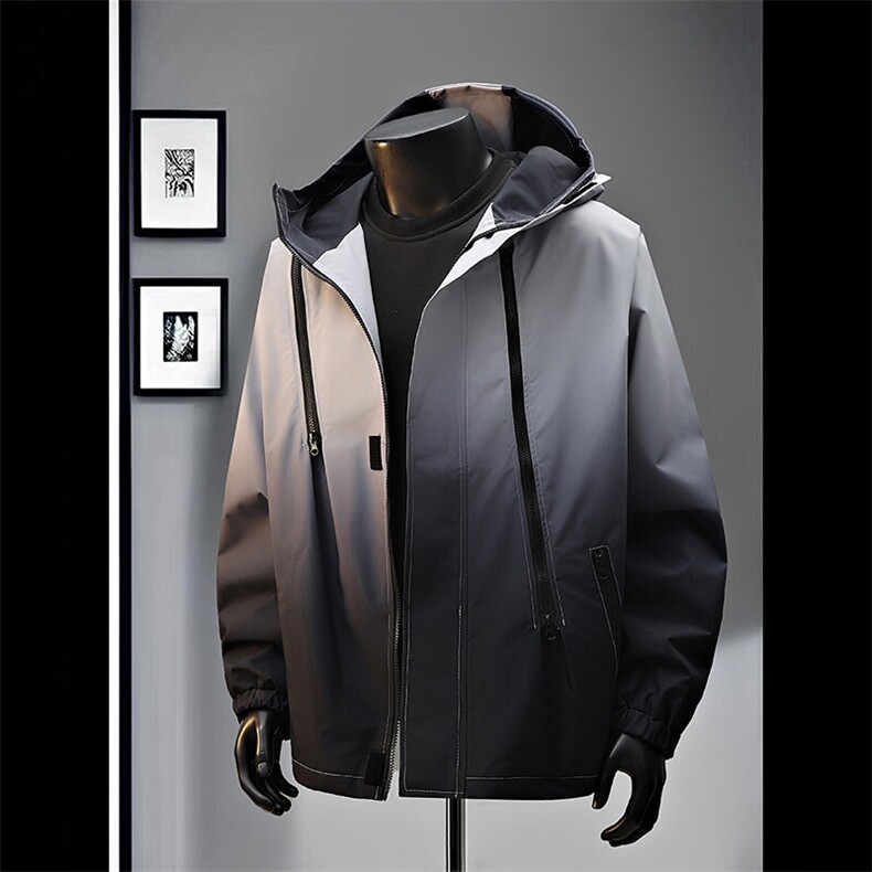 79开春户外渐变颜色连帽防风防水多拉链冲锋衣外套JK026P65，男装夹克，电商A128