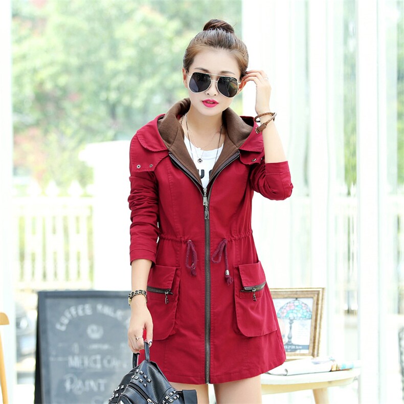 纯色连帽2021年秋季长袖链条褶皱绑带风衣欧美时尚，女装风衣，依恋蒂丝