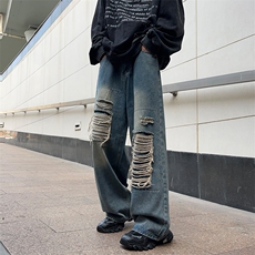 美式复古破洞牛仔裤男款2024秋季高街潮牌宽松直筒裤K7426-P44，男装牛仔裤，星座512-4