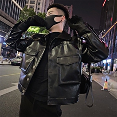 A01/P138控178春季社会小伙痞帅个性工装口袋皮衣夹克外套男黑首2，男装夹克，星座305B