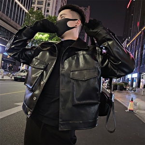A01/P138控178春季社会小伙痞帅个性工装口袋皮衣夹克外套男黑首2图片