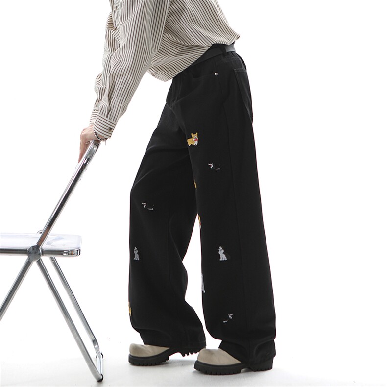 小狗刺绣牛仔裤男美式复古vibe裤子宽松显瘦微喇长裤,男装牛仔裤,星座809B（原星座805）