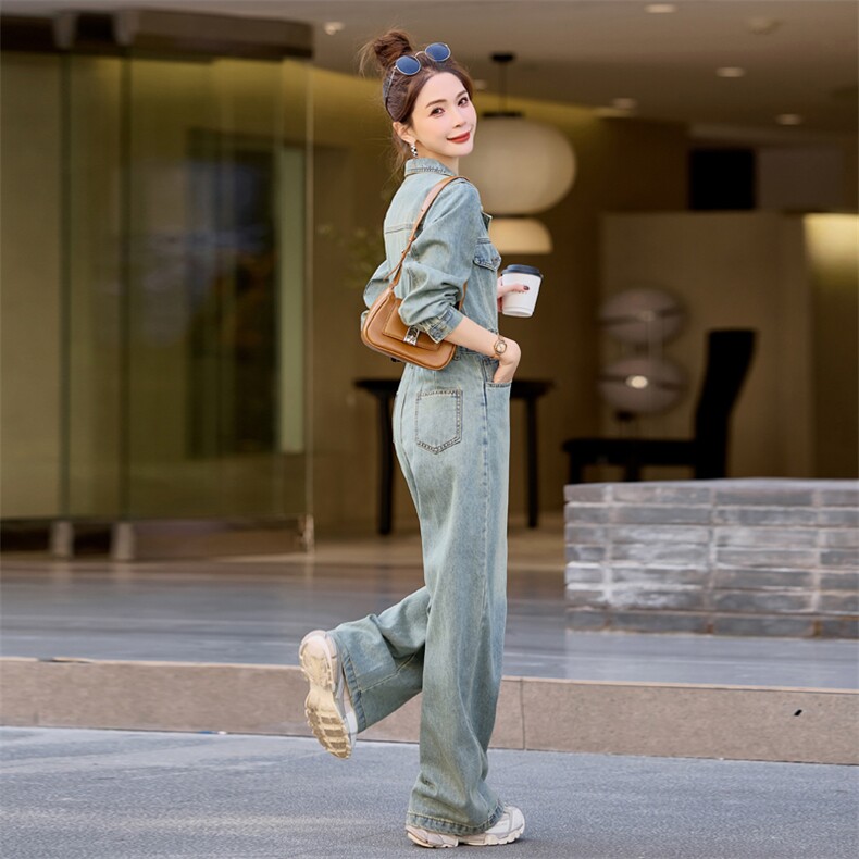 （新款现货）欧货复古西装2026春秋时尚炸街显瘦阔腿牛仔连体裤,女装连体裤,印象茜