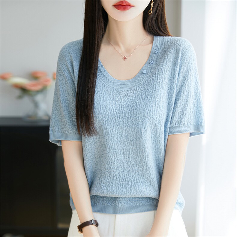 夏季新款V领莱赛尔天丝针织短袖女纯色百搭半袖上衣宽松T恤打底衫图片