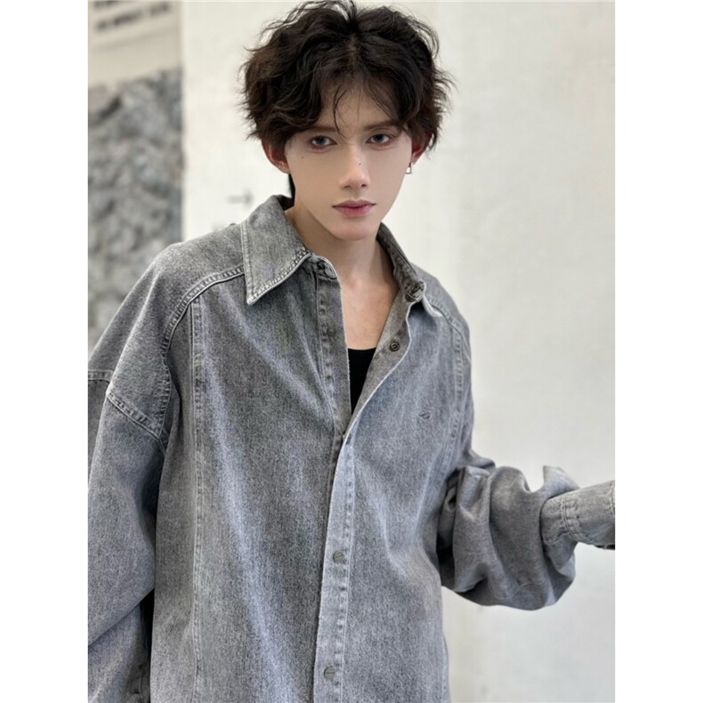 A164-P72美式复古水洗灰色牛仔衬衫男高级感痞帅毛边初秋外套,男装衬衫,电商B323A