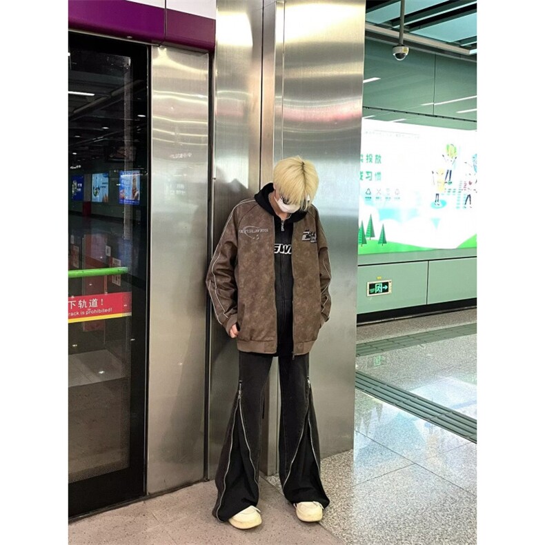 美式复古PU皮夹克男女秋冬季宽松休闲情侣翻领印花外套,男装夹克,四季星座505