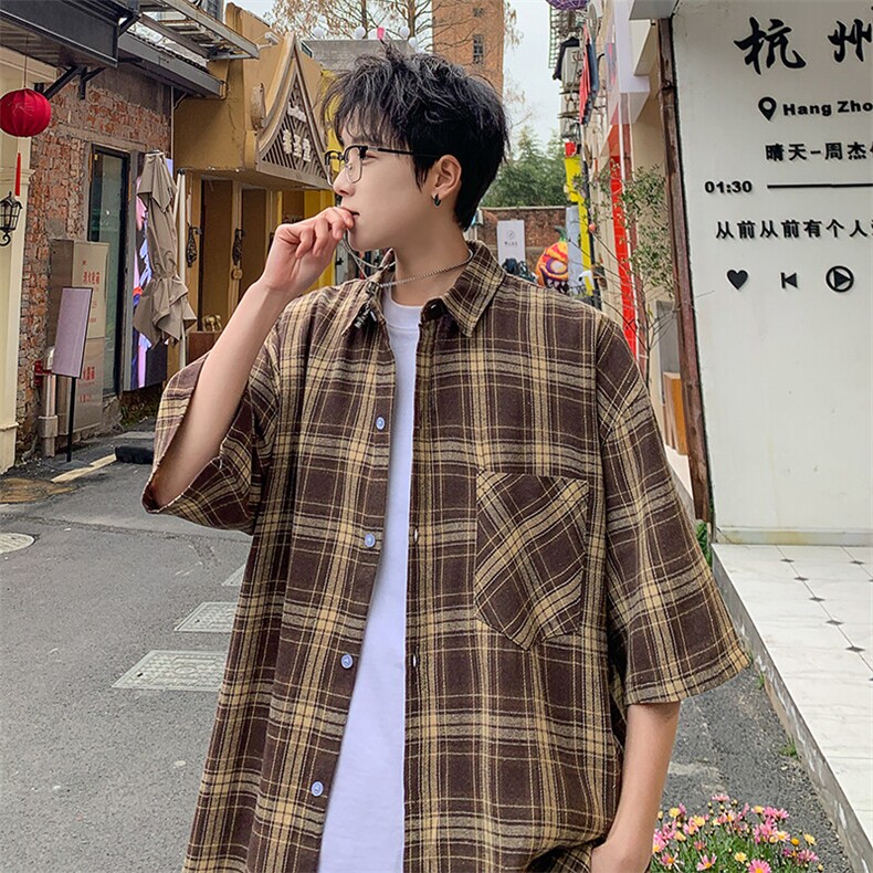 短袖衬衫男夏季新款磨毛格子衬衣DX711-特批25无差价,男装衬衫,星座214-3