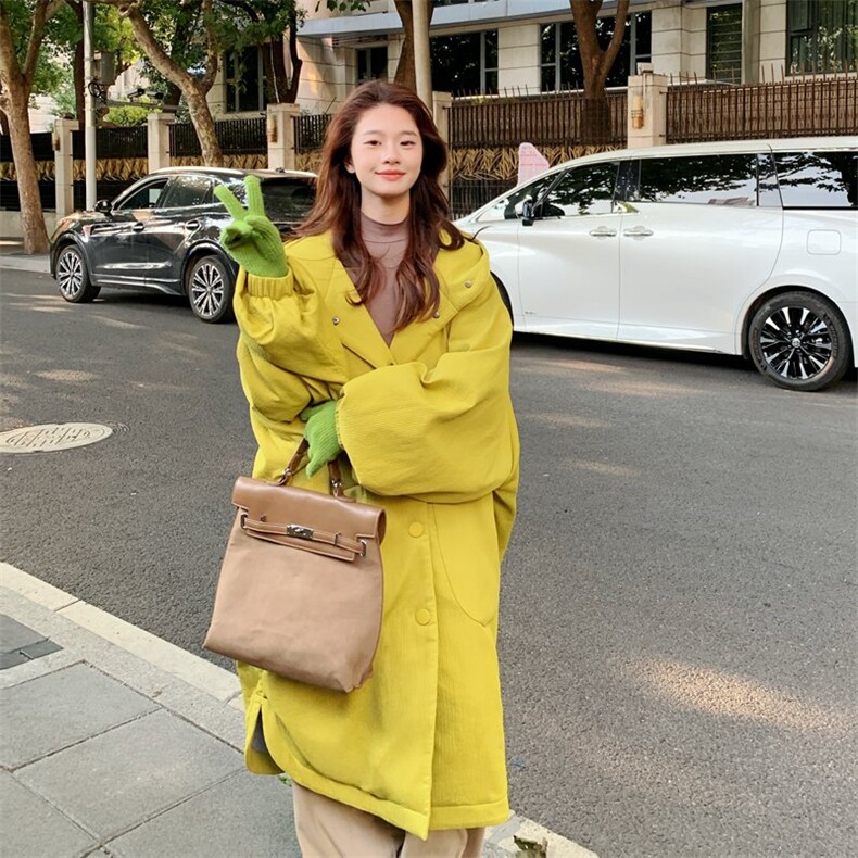 亮黄色中长款工装派克服羽绒服女冬季连帽风衣式加厚90白鸭绒外套,女装羽绒服,2C137