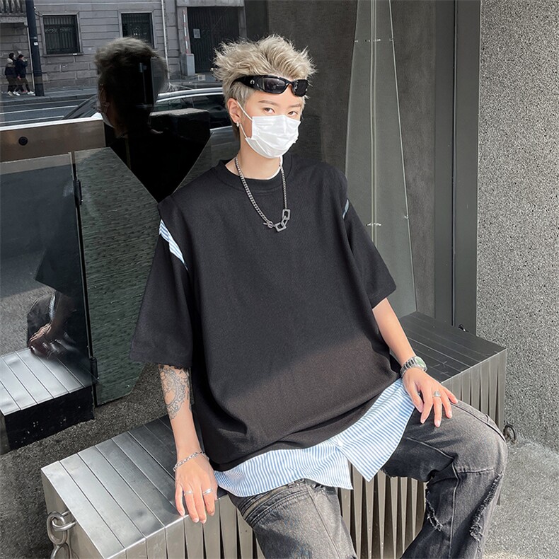 假两件短袖t恤男夏季港风宽松拼接设计感小众潮五分袖TX2052-p43,男装T恤,星座1008-2