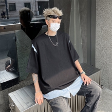 假两件短袖t恤男夏季港风宽松拼接设计感小众潮五分袖TX2052-p43，男装T恤，星座1008-2