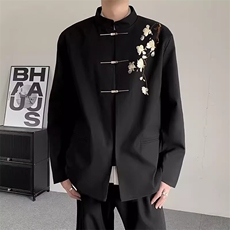 新中式重工刺绣玉兰花中山装男立领盘扣唐装便服金属扣西服薄外套，男装西服，星座506A