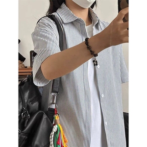 新款夏日条纹短袖衬衫款男女同款运动休闲打底衫外套 C73图片