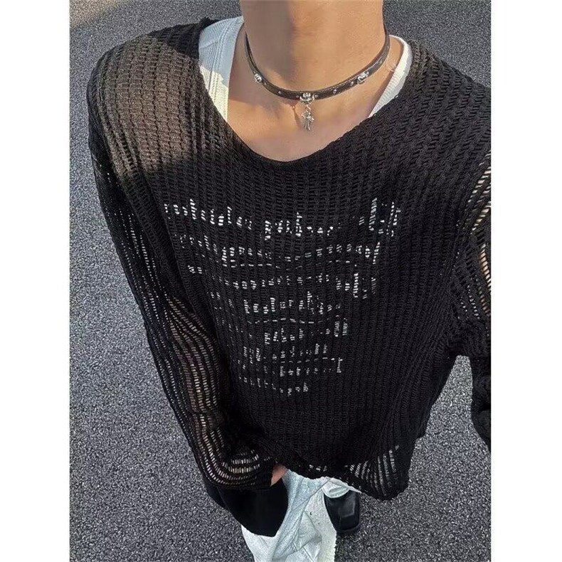 【有货】DM6032-P402024时尚镂空网纱假两件针织罩衫男潮牌长袖,男装针织衫/毛衣,星座603-2