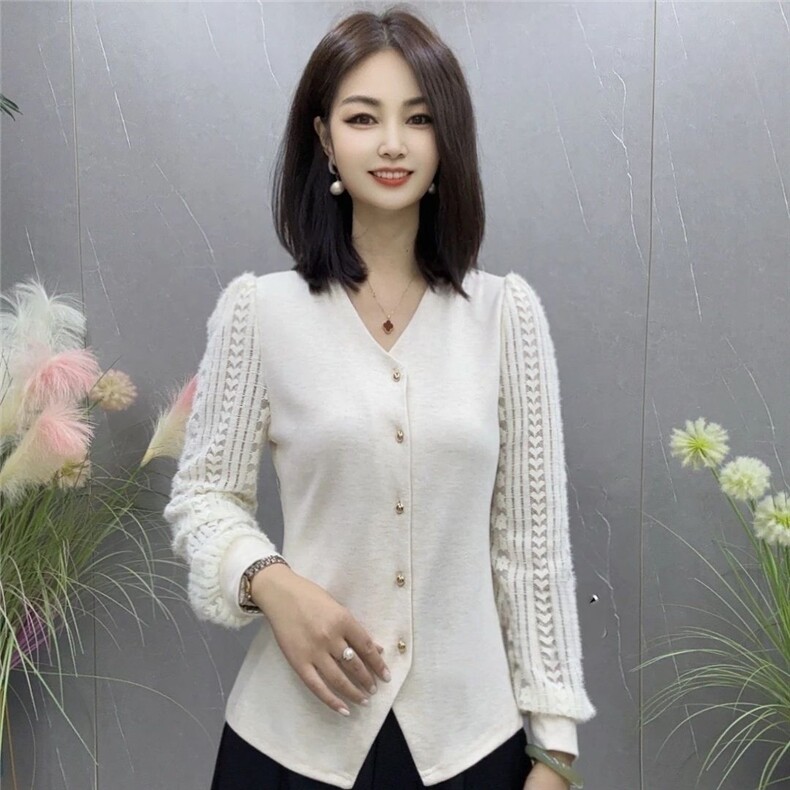 大码蕾丝长袖拼接打底衬衫女秋冬新款复古法式气质显瘦内搭上衣厚,针织衫/毛衣,思沃羊绒