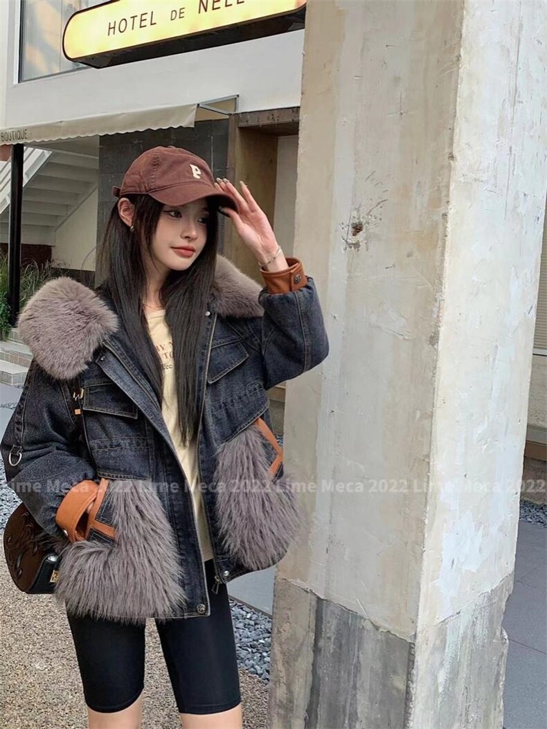 【现货】2022冬季羽绒服环保毛拼接牛仔羽绒服，女装羽绒服，Lime meca 俪米