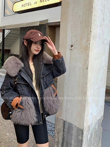 【现货】2022冬季羽绒服环保毛拼接牛仔羽绒服图片