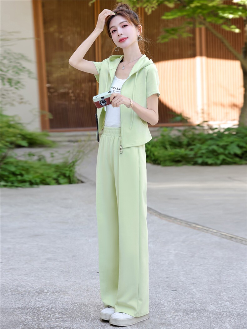 韩版休闲运动套装女夏新款高级感显瘦开衫连帽短袖阔腿长裤两件套,女装套装/套裙,江南