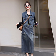 【热卖现货】牛仔裙套装女装2025高端时尚半身裙马甲连衣裙两件套，女装套装/套裙，意芙