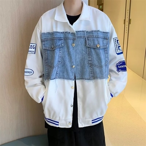 拼接牛仔外套男潮牌春秋季2022高街棒球服夹克工装图片