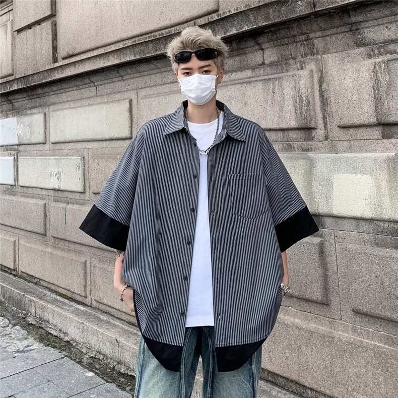 夏季新款男装复古休闲条纹短袖衬衫翻领清新潮流衬衣C5103,男装衬衫,星座1116A-1（原606A）