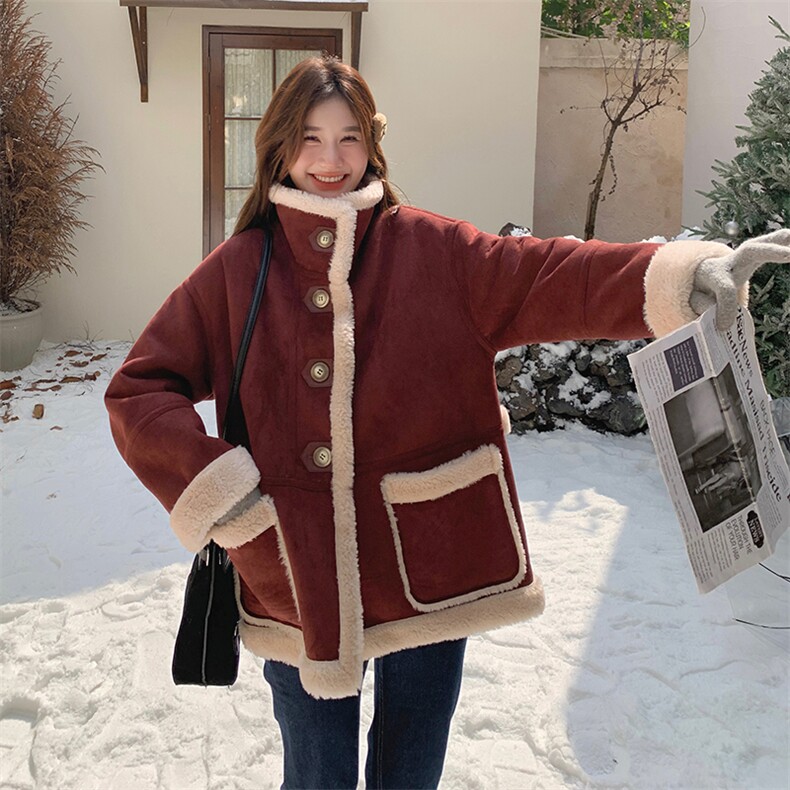 红色复古麂皮绒立领羊羔毛外套女2025冬季小个子洋气保暖皮毛一体,女装羊羔毛/颗粒绒,浪娴服饰