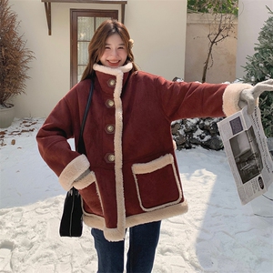 红色复古麂皮绒立领羊羔毛外套女2025冬季小个子洋气保暖皮毛一体图片