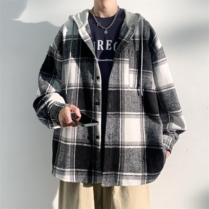 2024秋款港风潮流呢料格子磨毛连帽衬衫男宽松衬衣外套J25858-P38图片