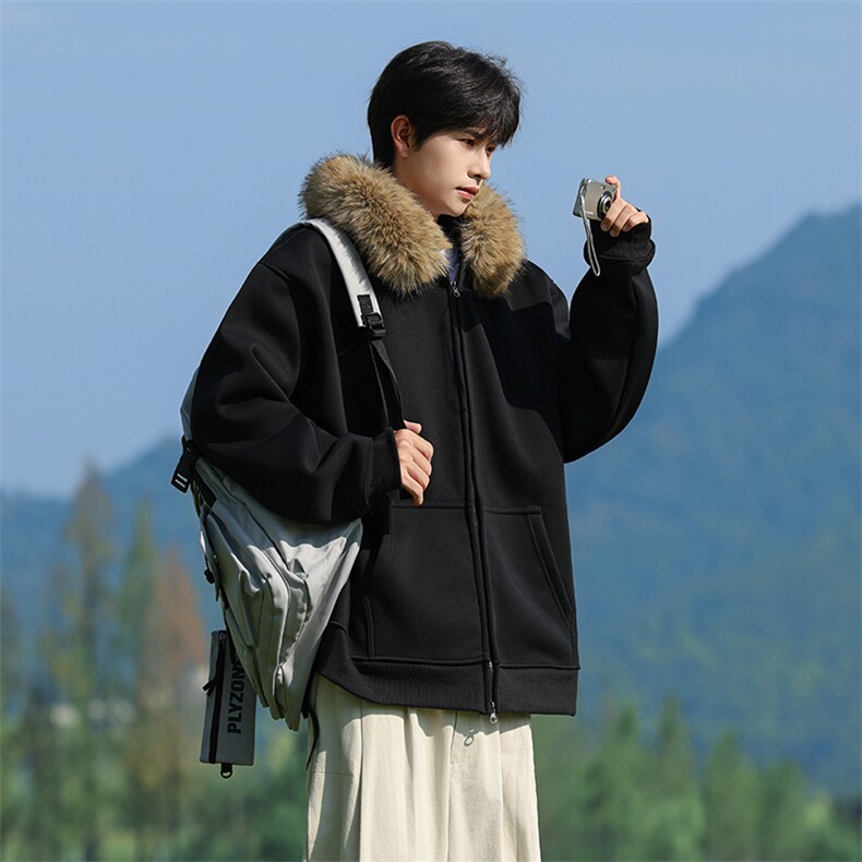 W5876-P75秋冬520克重磅美式复古连帽可拆卸毛领开衫外套控129，女装短外套，星座109