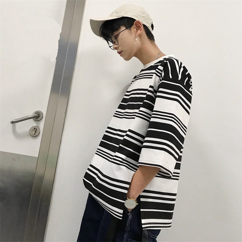 条纹飘带七分袖T恤男夏韩版百搭宽松显瘦休闲上衣404-2-T,男装T恤,星座409(原A307）