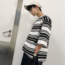 条纹飘带七分袖T恤男夏韩版百搭宽松显瘦休闲上衣404-2-T，男装T恤，星座409(原A307）