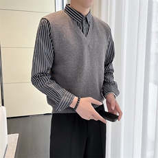 秋冬款假两件高品质竖条纹衬衫领针织背心套头毛衣男B261-M01-P85，男装针织衫/毛衣，电商D323（原B261）