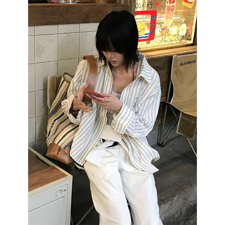 春夏cleanfit条纹泡泡纱衬衣高智感休闲正肩长袖衬衫复古条纹上衣,男装衬衫,星座506A