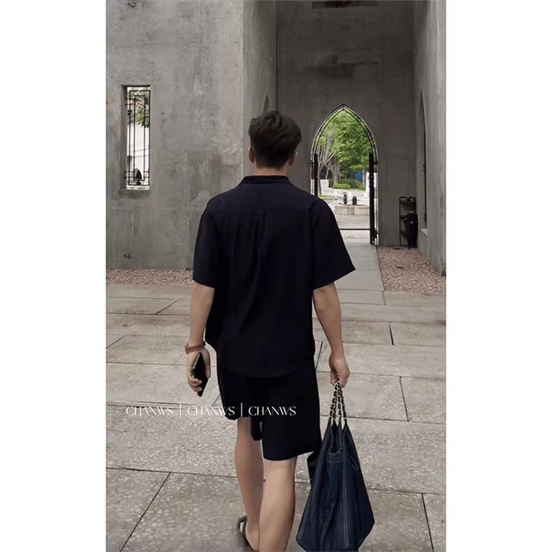 TZ555-P40假两件拼接V领短袖衬衫休闲套装老钱风穿搭垂感五分短裤,男装牛仔裤,星座1811B