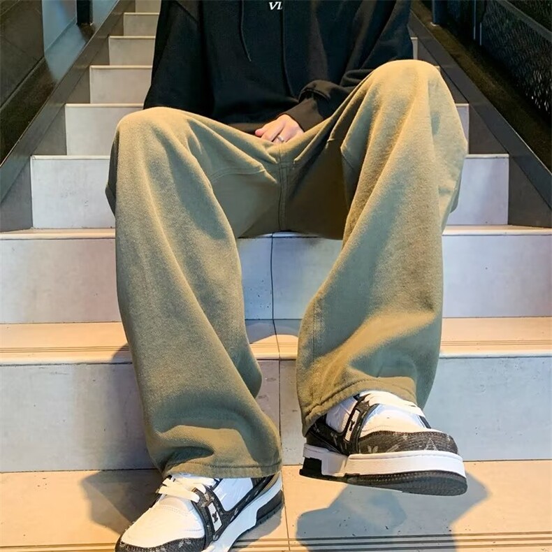 秋冬加厚橄榄绿休闲裤美式复古牛仔裤男潮牌直筒阔腿裤K5564-P45,男装休闲裤,星座512-2