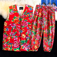 XZ115ATAO棉马甲加绒裤套装大码东北大花汉服套装男女土潮，男装休闲套装，星座115A-1