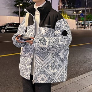 魔术贴可二开立领潮腰果花男士轻薄白鸭绒羽绒服外套男女款短款图片