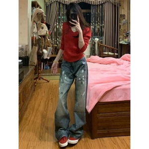 美式复古cleanfit泼墨牛仔裤男女潮宽松直筒阔腿休闲裤L91511-P49图片