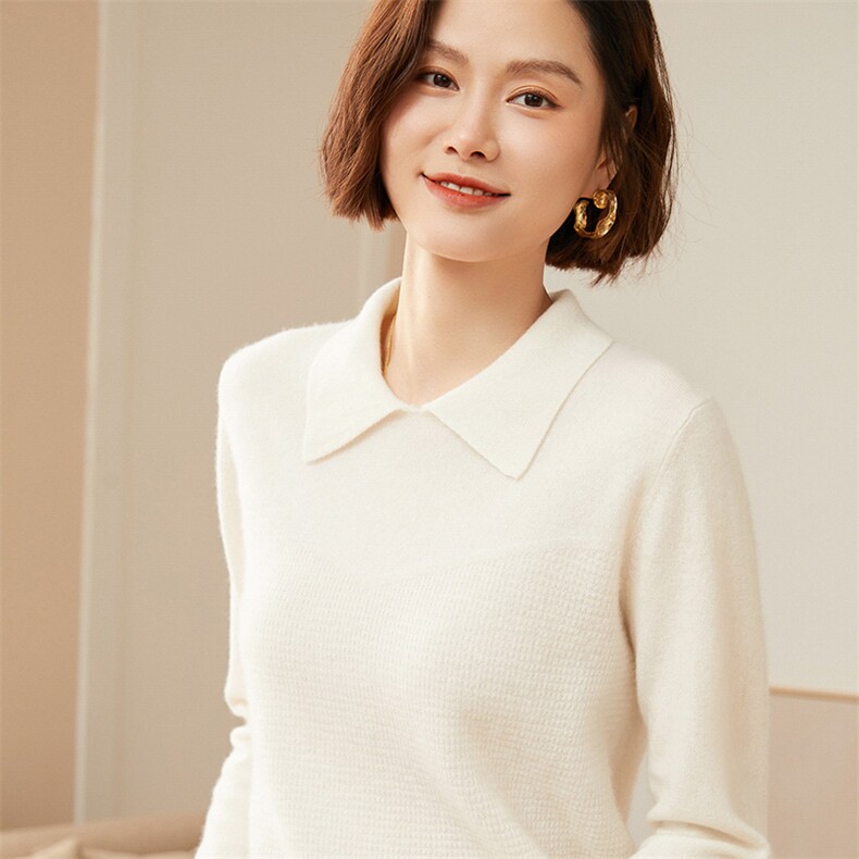 女士优雅百搭POLO领羊绒衫简约修身显瘦长袖针织衫,女装羊绒衫,澳冬特羊绒