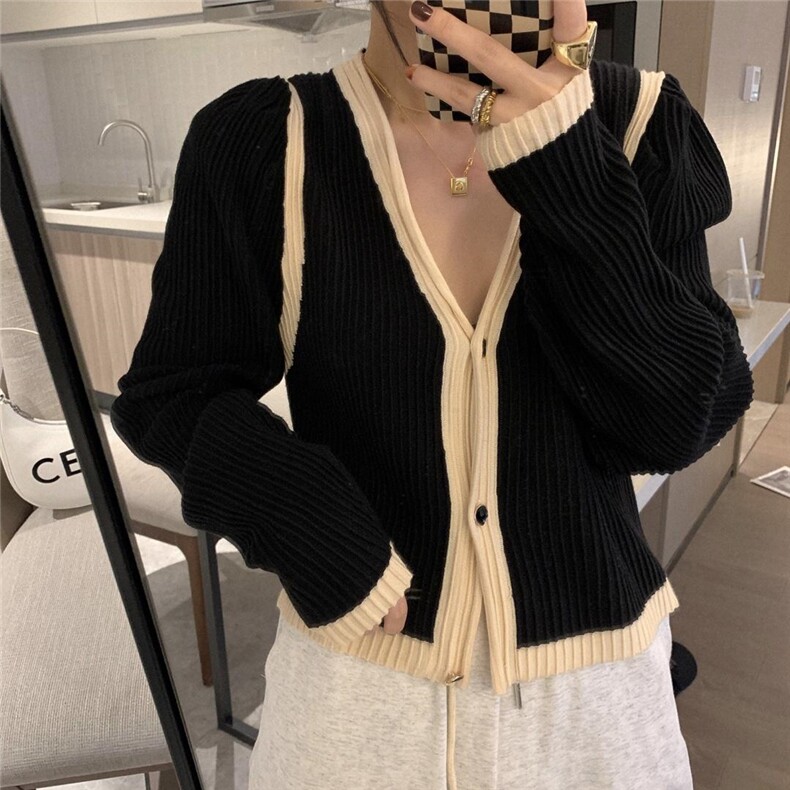 撞色坑条开衫，其它，XTZ style