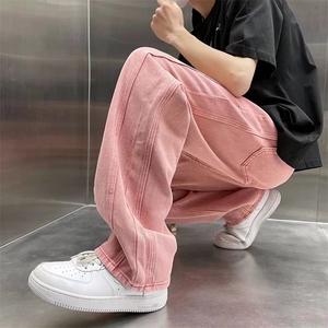 粉色牛仔直筒长裤男女新款hiphop潮牌港风高街宽松阔腿裤N145-p46图片