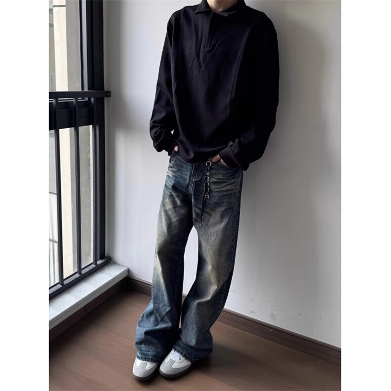 美式高街vibe复古蓝水洗做旧牛仔裤男潮直筒微喇显瘦cleanfit长裤,男装牛仔裤,星座506A