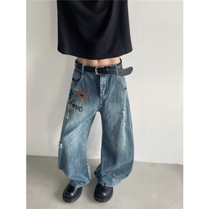 花卉刺绣竹节纹弯刀牛仔裤女2025夏季新款宽松直筒破洞拖地长裤子图片