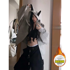 480G重磅加绒硬挺boxy男女美式高街卫衣铆钉杜宾犬耳朵开衫厚外套，女装短外套，电商A486
